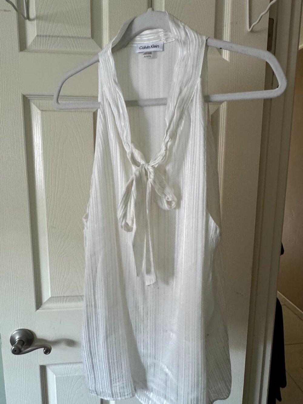 Calvin Klein Metallic Knit Tie Neck Sleeveless Flowy Top